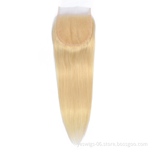 613 Blonde Straight Human Hair 4x4 Lace Closure Brazilian Human Hair Extensions Virgin Cuticle Aligned Hair